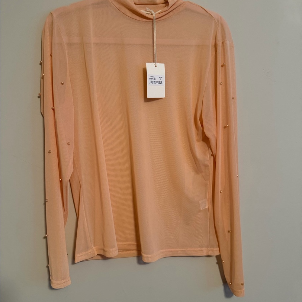 Mock neck Sheer Long Sleeve Blouse Mesh soft peach coral tones  beaded sleeves